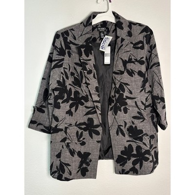 Soho Apparel Ltd Grey Black Floral Blazer 3/4 Sleeve Open Front Jacket NWT M