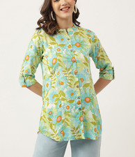 Plus Size Green Floral Printed Rayon Shirt Style Top Women Button Down Casual