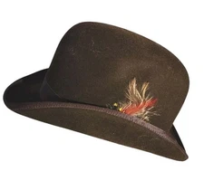 Vintage Capas Design Brown Derby Wool Hat Leather Sweatband Feather Size  L