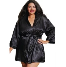 NWT! Dreamgirl Plus Size 1X/2X Charmeuse Chemise & Kimono Robe Set 3717X Black