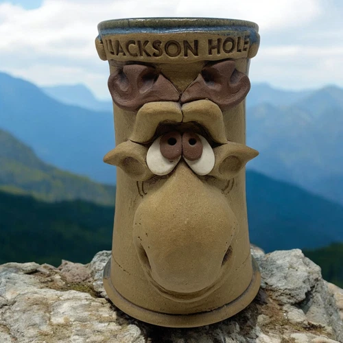 Vintage NEW Jackson Hole Wyoming Funny Moose Face Stoneware Pottery Coffee Mug
