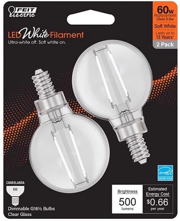 Filament LED Bulb G16.5 E12 Soft White 60W 2-ct FEIT ELECTRICBPG1660927WFI 2-PK - Image 2 of 4