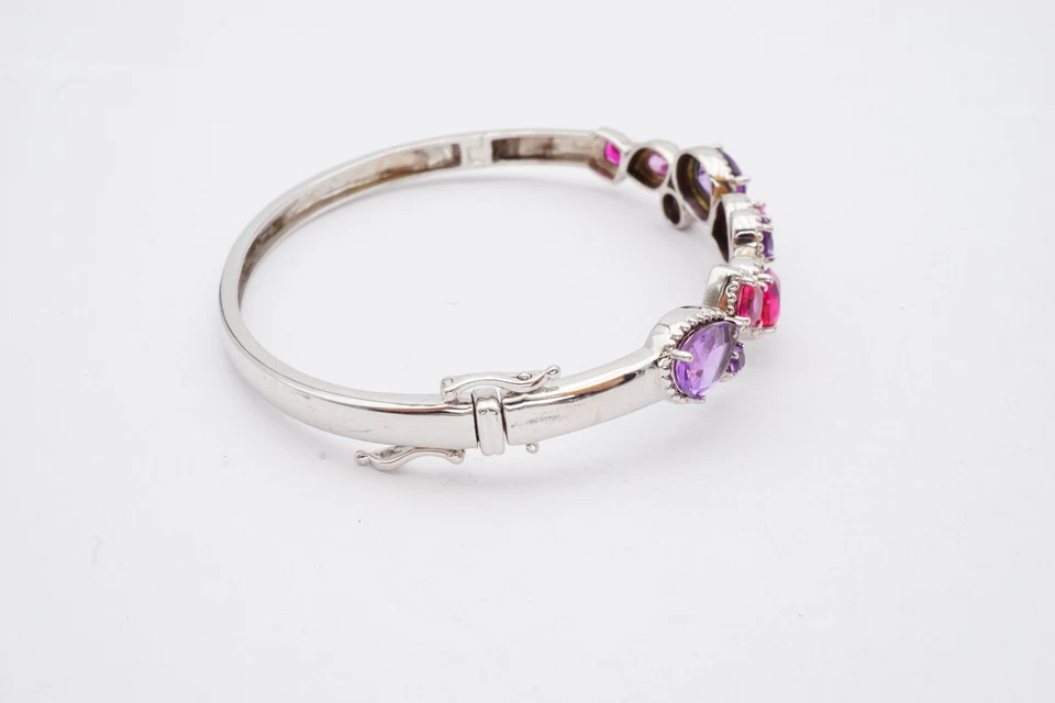 Sterling Silver 925 Amethyst Pink Topaz Bangle Bracelet 7" - Image 2 of 4