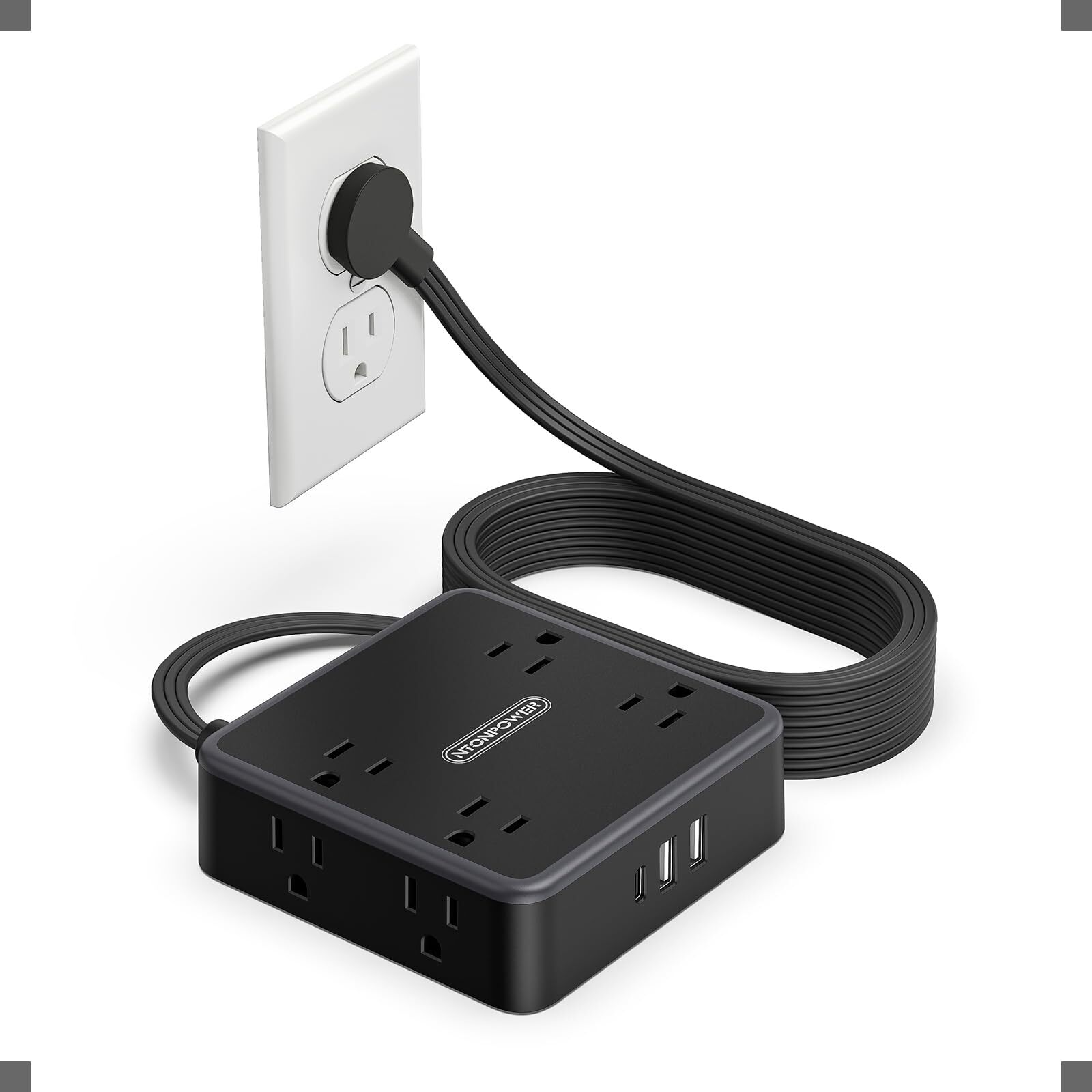 Black Extension Cord 10 ft 8 Outlets 3 USB Ports Wall Mount Flat Plug-image