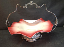 Antique Beautiful Victorian Uranium Cranberry Glass Console Bride's Bowl Basket
