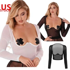 Women Sheer Mesh Lingerie Open Bust Crop Top Sexy Nightwear Sexy T-shirt Tops