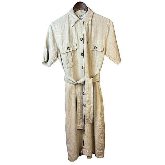 Ramsey Dublin Irish Linen Shirt Dress Sz 8 Beige Button Down Short Sleeve  Pocket | eBay