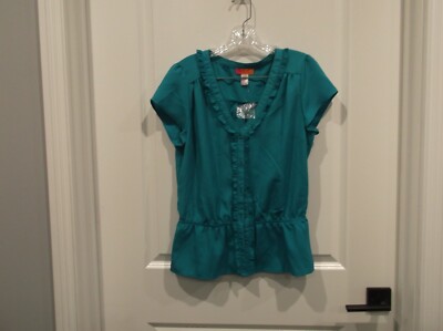 NWT Catch my eye womens L short sleeve v-neck blouse button down turquoise