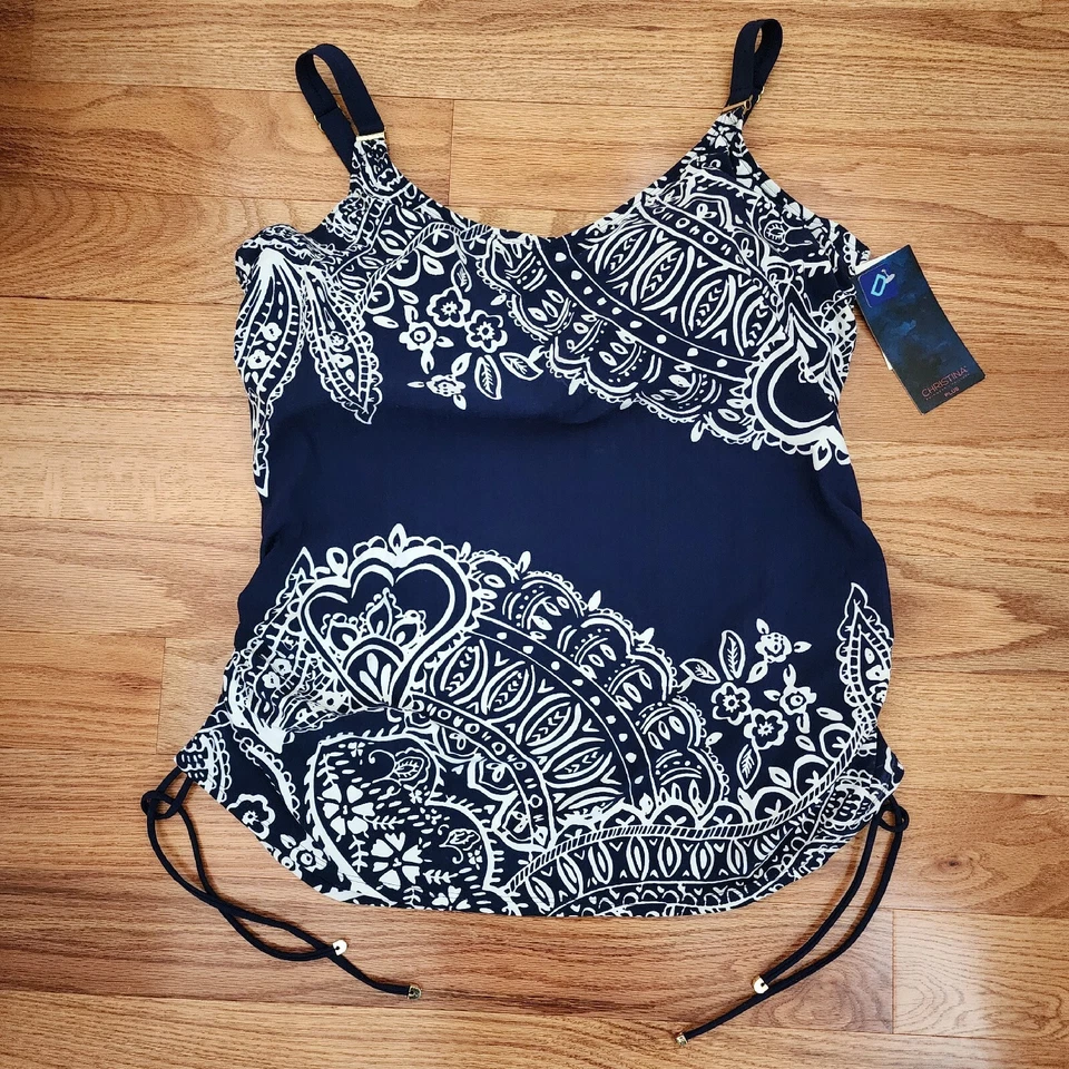 Christina 泳装泳装 Tankini Top Plus 2XD 海军蓝 白色 热带 全新 — 第 2/4 张图片