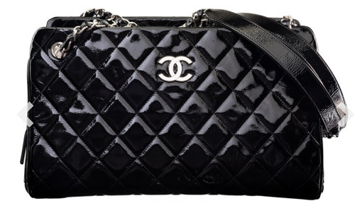 Authentic Chanel Black Quilted Patent Leather Maxi Bag with Silver Hardware