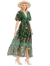 Entro NWT Amria Green Floral Bohemian Floral Midi Dress Puff Sleeve Size L