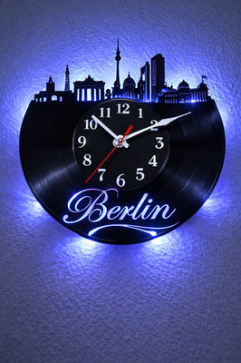 Wanduhr Berlin aus Vinyl Schallplatte LED Hintergrundbeleuchtung leises Uhrwerk