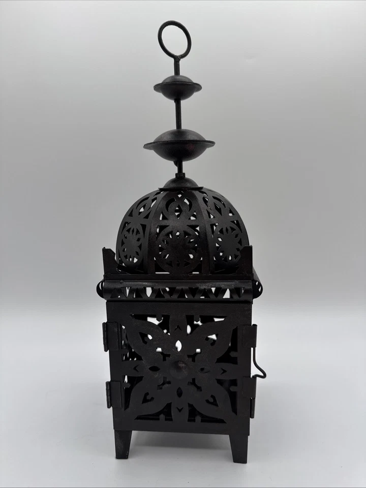 "Linterna de vela colgante de metal perforada estilo marroquí de colección hierro negro 12"" decoración" Foto 2 de 4
