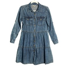 MPH Collection S Acid Wash Tiered Long Sleeve Dress Soft Denim Roll Tab Western