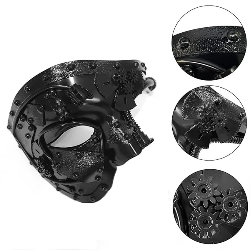 Máscara de látex de media cara Steampunk para adultos con engranajes remaches oro antiguo plata negro Foto 3 de 4