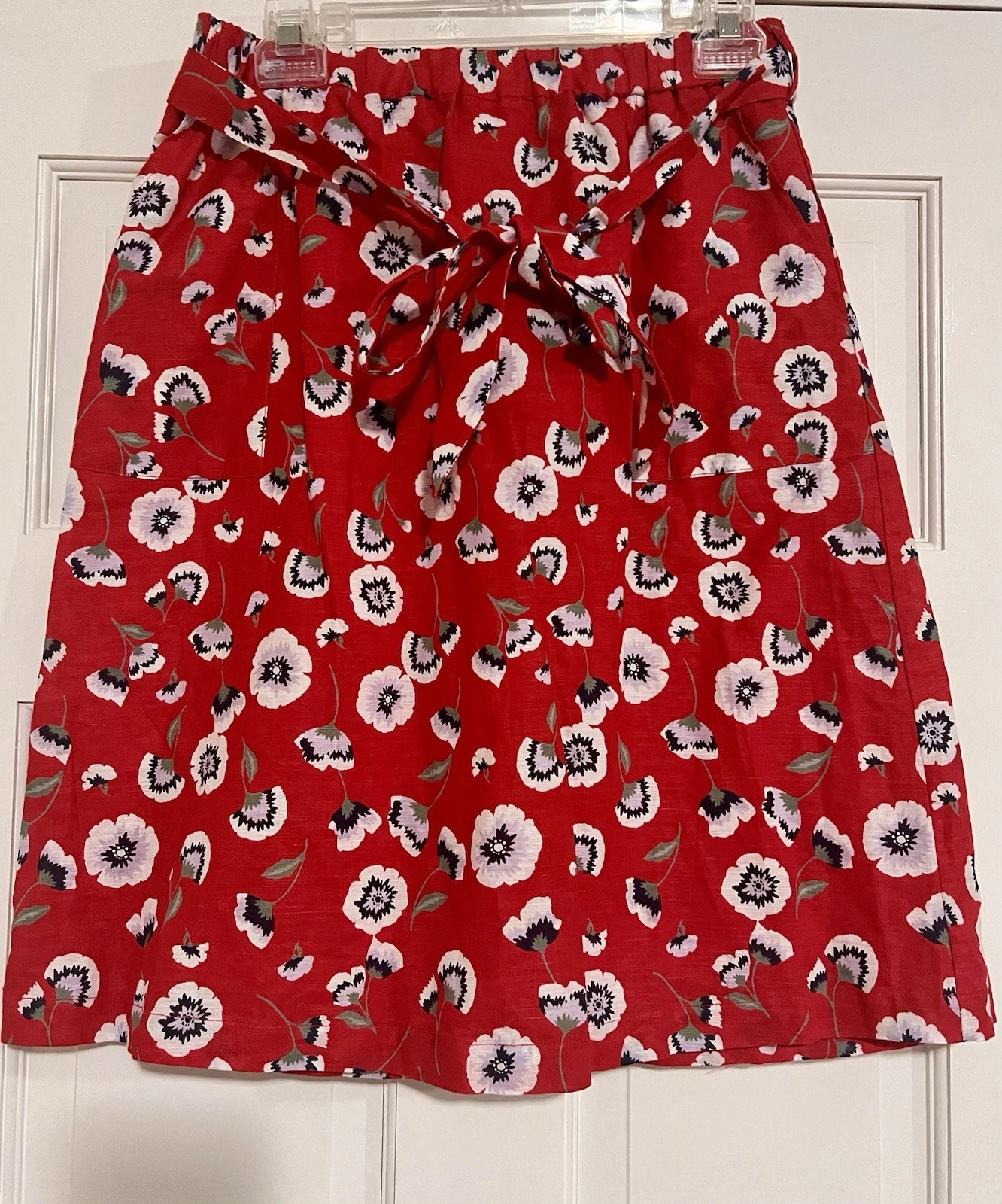 J.Crew Linen Blend Bow Tie Waist Pull On Poppy Floral Midi Skirt Red Size S