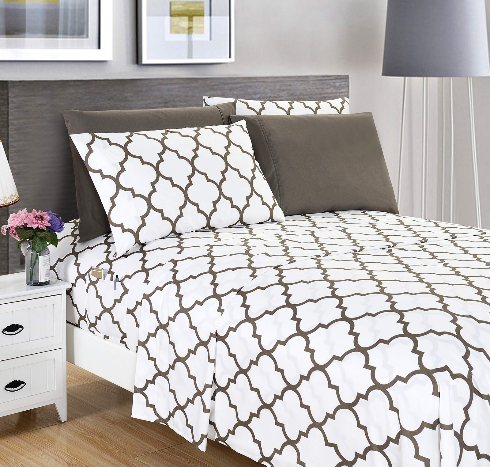 Elegant Comfort 1500TC King Quatrefoil Microfiber Bed Sheets 6-Piece Hotel Quali