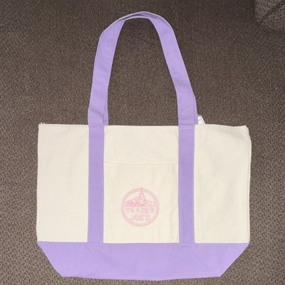 Trader Joe's Large Canvas Reusable Shopping Bag Tote, Beige Purple, Foldable