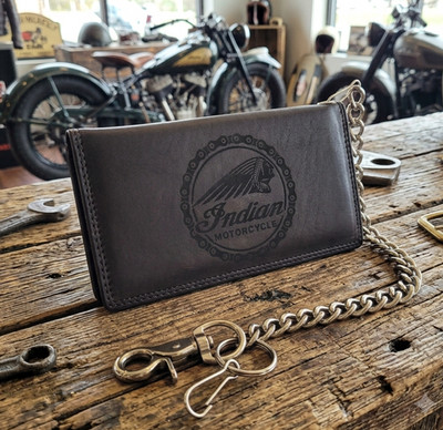 Indian Motorcycle Genuine Leather Biker Wallet W Chain RFID Blocking Wallet BRWN