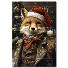 CHRISTMAS FOX SANTA HAT ART PRINT, Fantasy Animal Poster Holiday Gift Home Decor