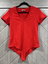 MANGOPOP Short Sleeve Bodysuit for Women V Neck Thong Body Suit Red size XL