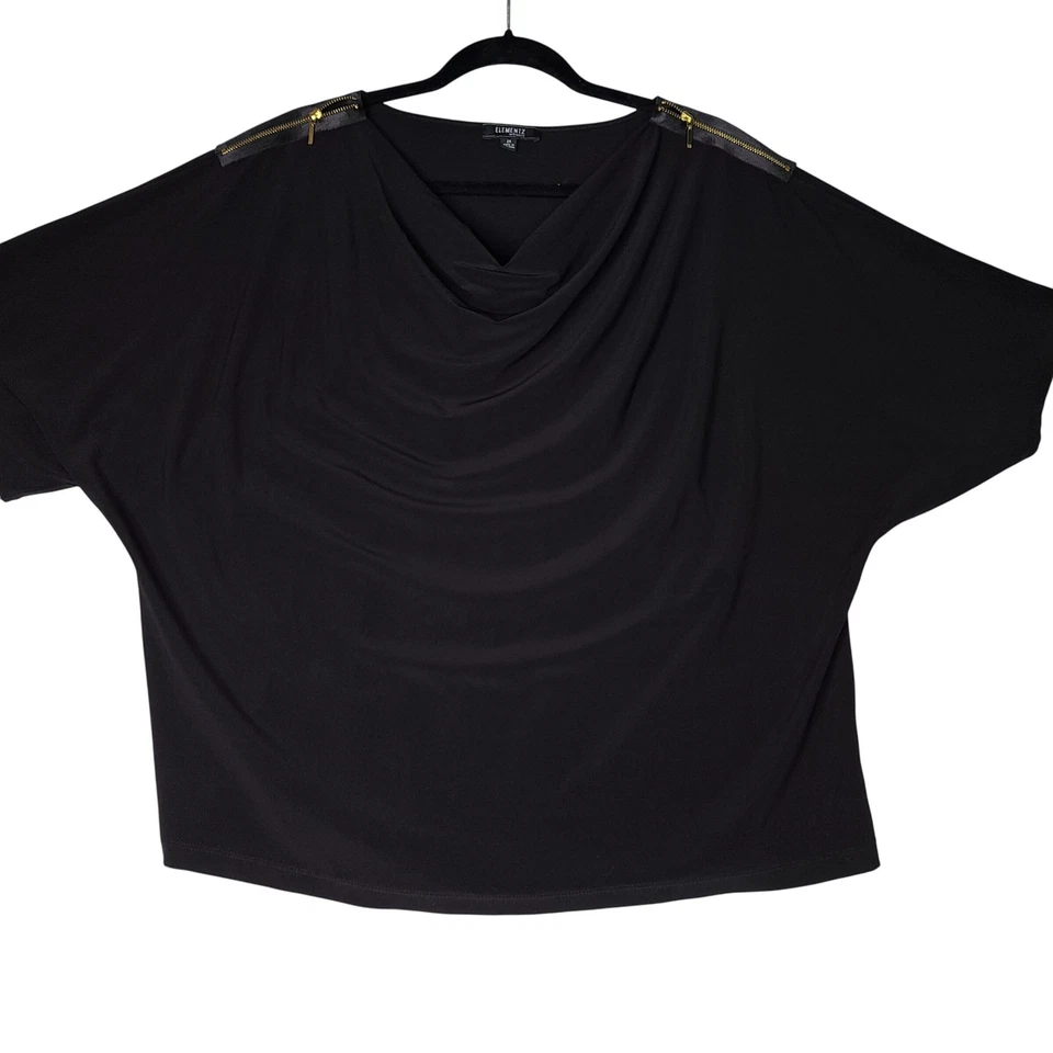 Elementz Woman Top Womens 2X Black Cowl Neck Gold Zipper Shoulder Detail Chic - Image 3 of 4