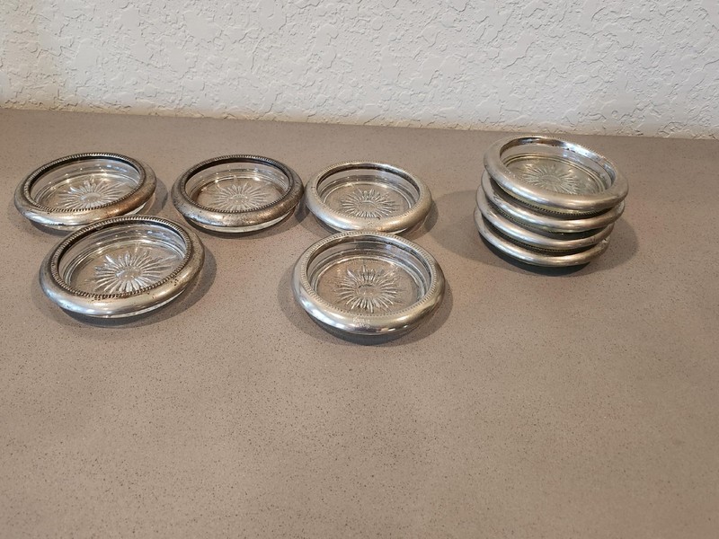 Vintage Leonard Italy Silver Plated Glass Coasters Starburst  plus 4 unmarked