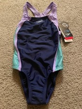 Speedo Girl's Swimsuit One Piece Mesh Splice Thick Strap Blue Harmony Size 8 NWT