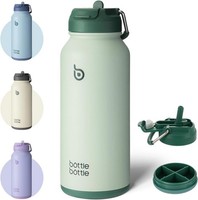 Edelstahl Trinkflasche 1L Isolierflasche Strohhalm Sport GrüN