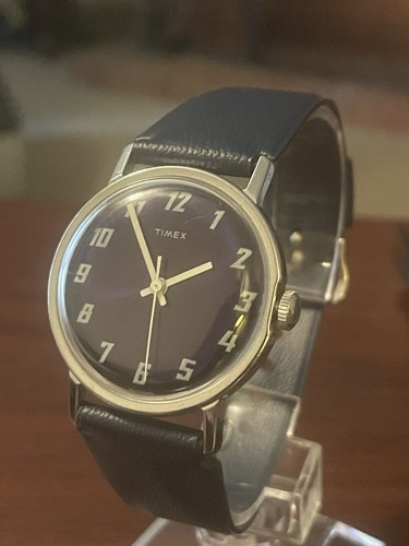 Timex Vintage Manual Wind Mechanical Watch Sunburst Navy Blue Dial 33mm Running - Image 1