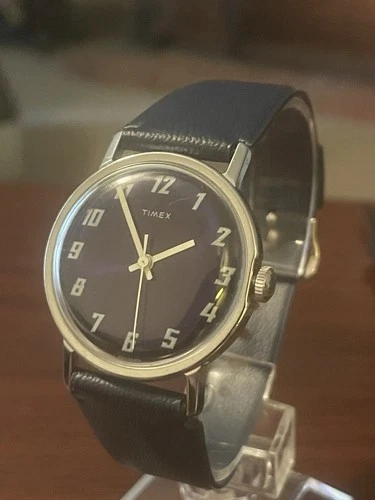 Timex Vintage Manual Wind Mechanical Watch Sunburst Navy Blue Dial 33mm Running