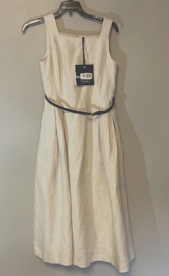 'S Max Mara Cipro льняной льна бежевый платье без рукавов - размер 0 - розничной $1150 - Изображение 3 из 4