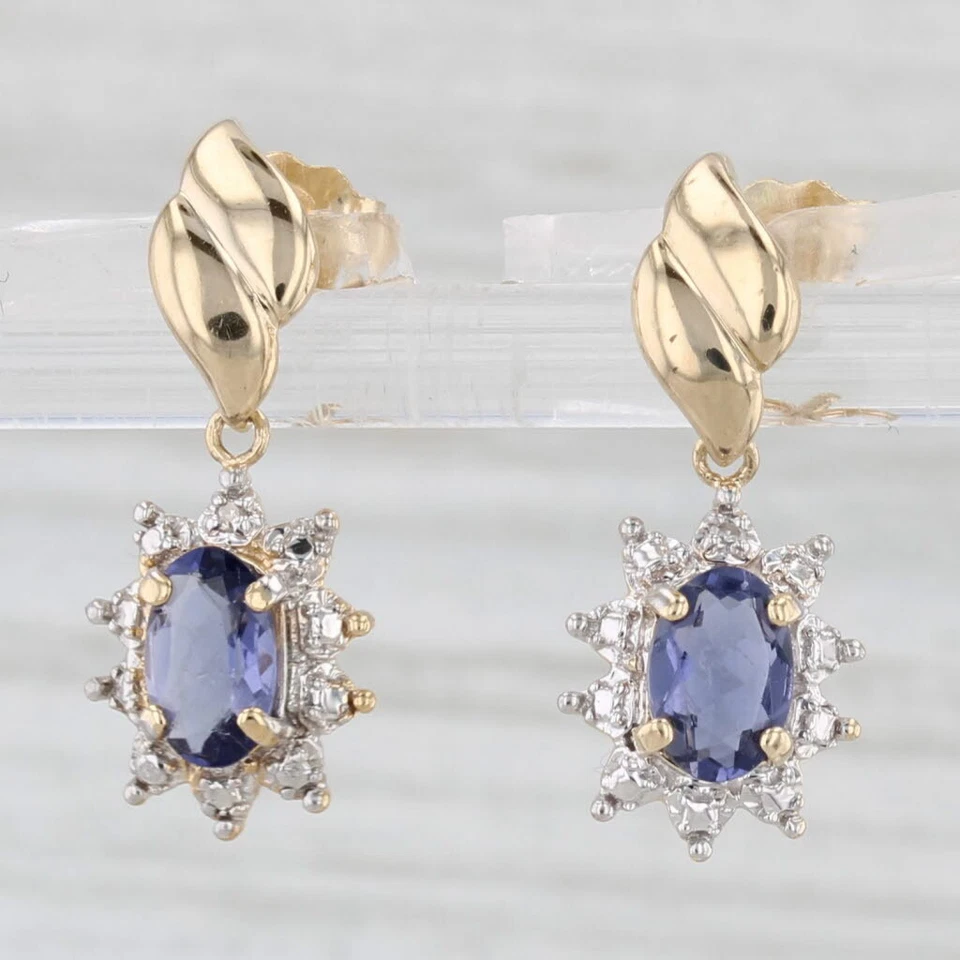 0.59ctw Blue Iolite Diamond Drop Earrings 14k Yellow Gold - Image 2 of 4