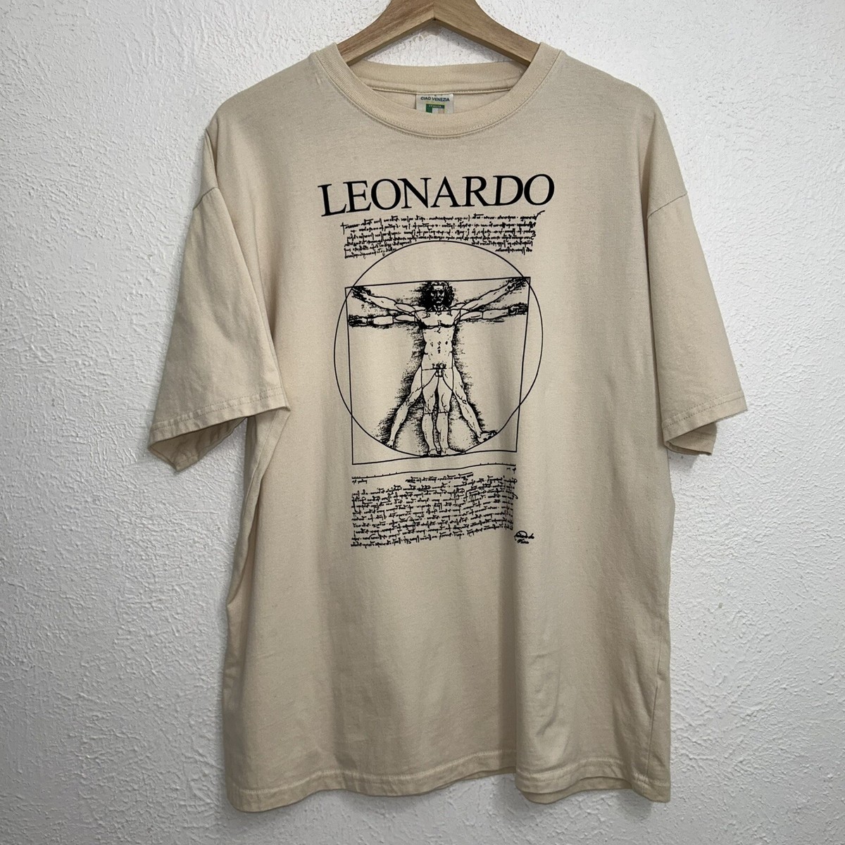 Vintage Leonardo Da Vinci Vitruvian Man Tee Cream T-Shirt Large