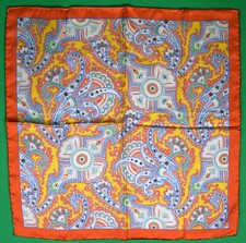 "Seaward  Stearn Orange Silk Paisley Pocket Square Made In England"