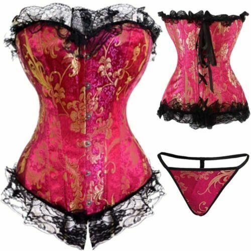 Women Lace Up Boned Bustier Corset Overbust Burlesque Top Lingerie Waist Cincher - Picture 38 of 49