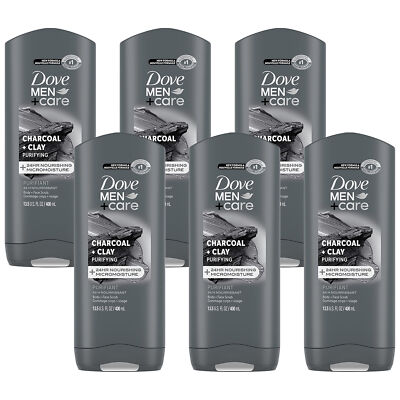 6-Pack New DOVE MEN + CARE Purifying Charcoal + Clay Body and Face Wash with 24-