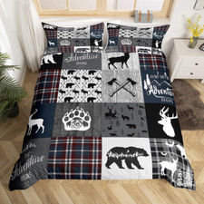 Rustic Plaid Patchwork Comforter Cover, Hunting Bear Deer Duvet Cover King Size,