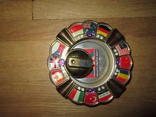 Vtg Gold-Tone Metal Refillable Lighter + Ashtray Combo w/ National Flags