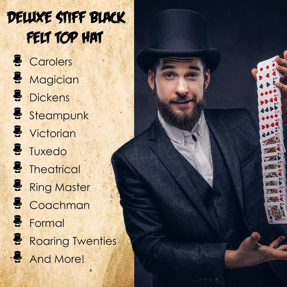 Adulto Alto Fieltro Negro Sombrero Formal Showman Fiesta Novedad Halloween Accesorio Foto 3 de 4