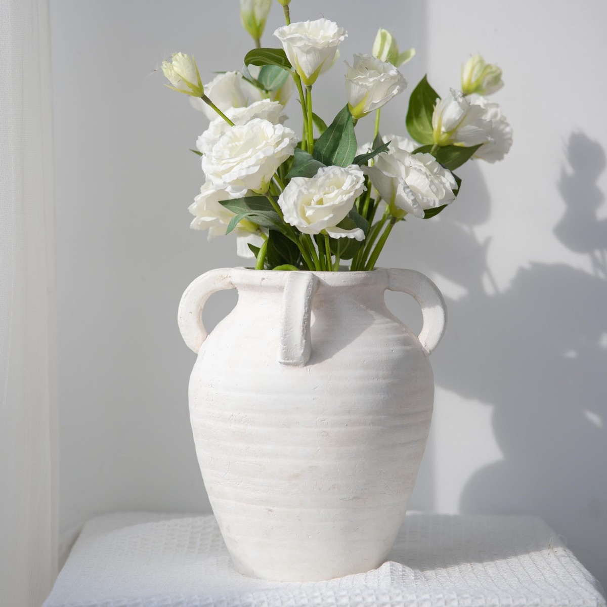 Rustic White Ceramic Vase, Wide Mouth Terracotta, Antique