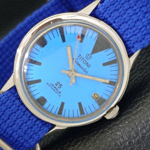 TITONI AIRMASTER ROTOMATIC SWISS MENS DATE SKY BLUE DIAL WATCH a430905-a