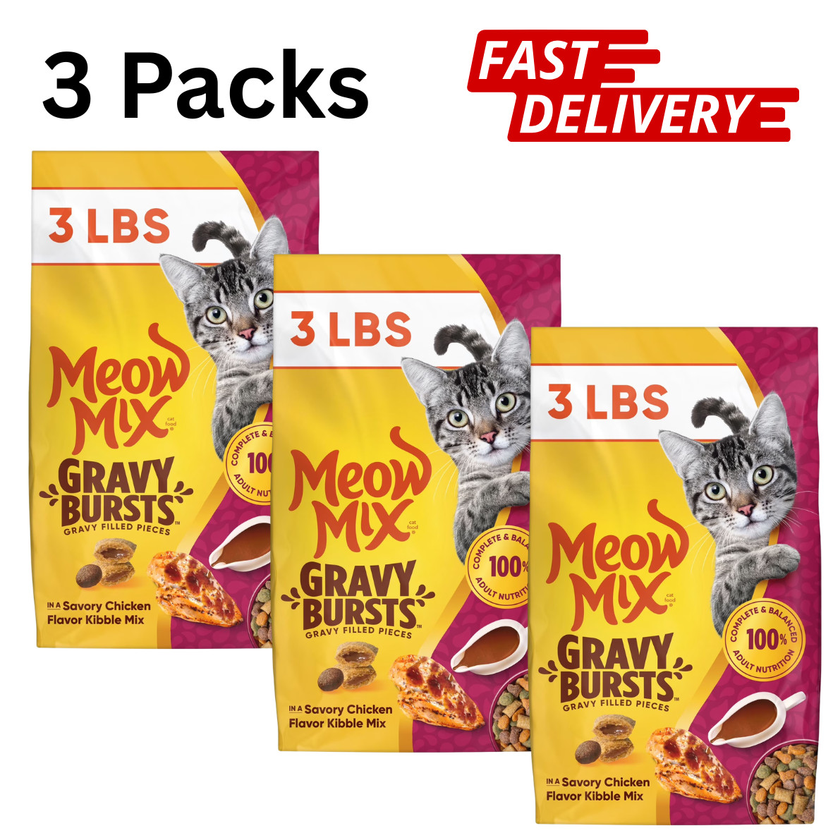 Meow Mix Gravy Bursts, Chicken Dry Cat Food, 3 lb Bag - 3 Pack