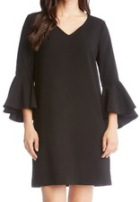 Karen Kane Women's Black V-Neckline 3/4-Bell-Sleeve Shift Dress Size S