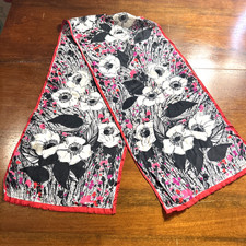 Vtg Silk Scarf Oscar de la Renta Pink Black White Flowers Rectangle 11" x 50"