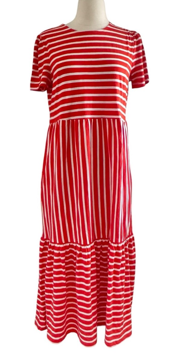 Boden Emma Tiered Jersey Midi Dres Sz 8P Short Sleeve Pockets Red White NWT  | eBay