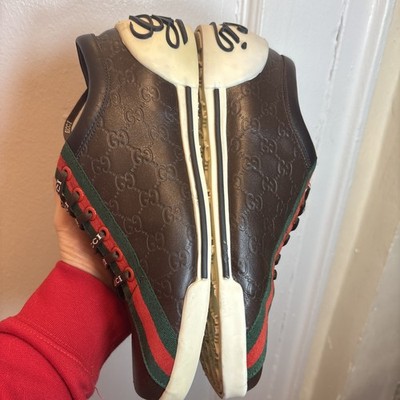 Size 8  eu 41  BROWN RARE GUCCI SCRIPT WEB STRIPE CURSIVE BOULEVARD SNEAKERS GG 
