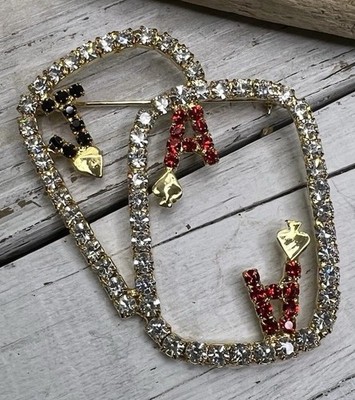 Modern Brooch Pin Jack Ace Playing Cards Gold Tone Red Black Clear Rhinestone  