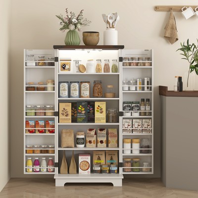 HOMCOM Kitchen Pantry Cabinet with Sensing LED Light Storage Cabinet White