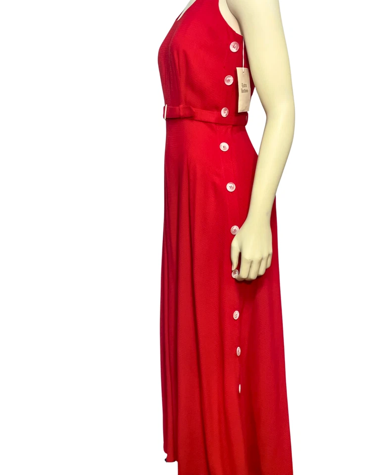 Maxi Vestido De Colección Años 90 Moda Internacional Talla 4 Delgado Cuello Redondo Cinturón Botones Laterales Rojo Nuevo  Foto 2 de 4